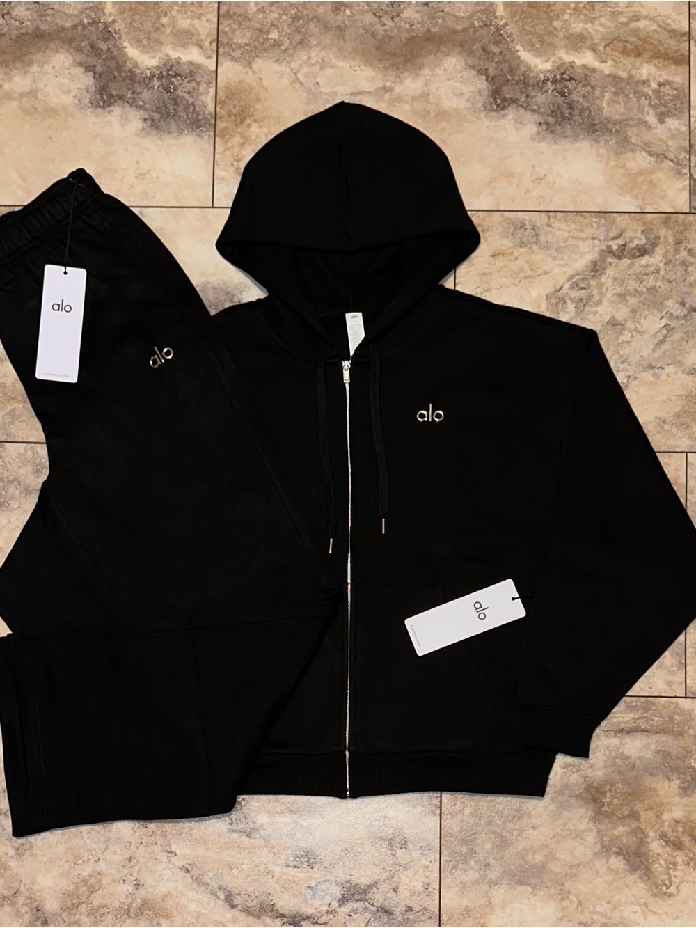 Alo Yoga Accolade Full Zip Hoodie & Sweatpants Set Black Sweatsuit Size Small
